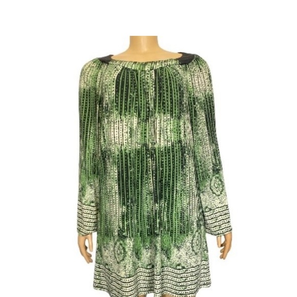Beige By Eci Dress Mini Mod Tunic Boho Retro Green Black bell sleeves size M - Picture 13 of 14